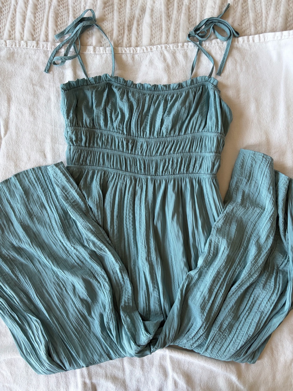 Allie Rose Light Teal Smocked Waist Crinkle wide legged Romper